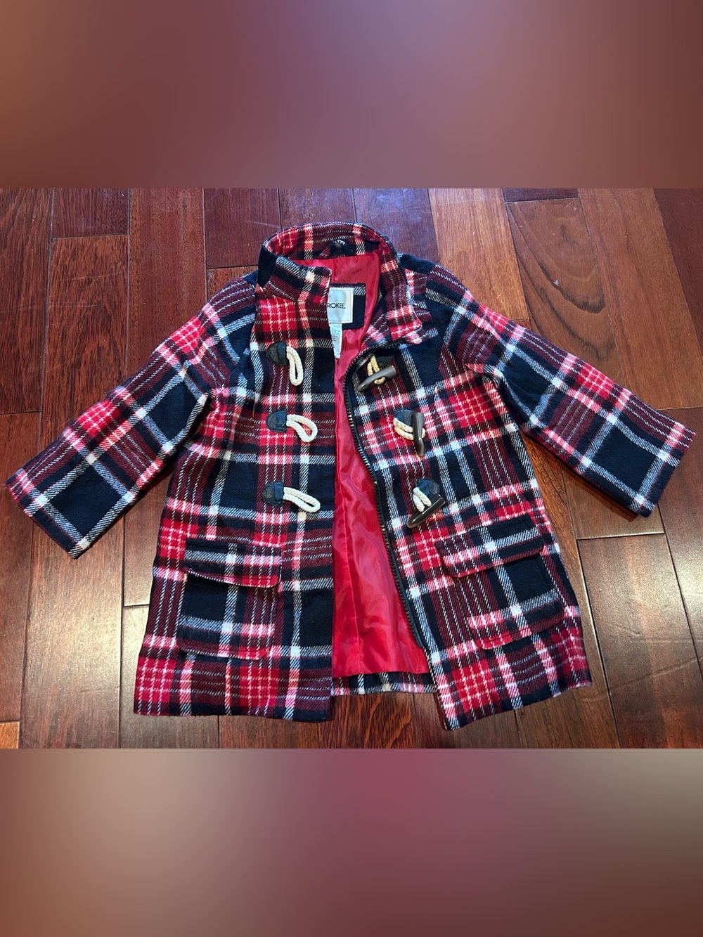 Cherokee Red & Navy Plaid Toggle Pea Coat Girls Toddler Retro Old School Holiday